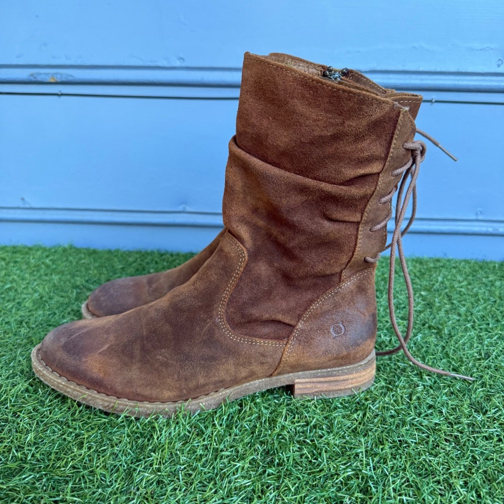 Born Shasta Boots Womens 8.5 Brown Suede Slouchy Lace Up Back Mid Calf Boho - Picture 4 of 9